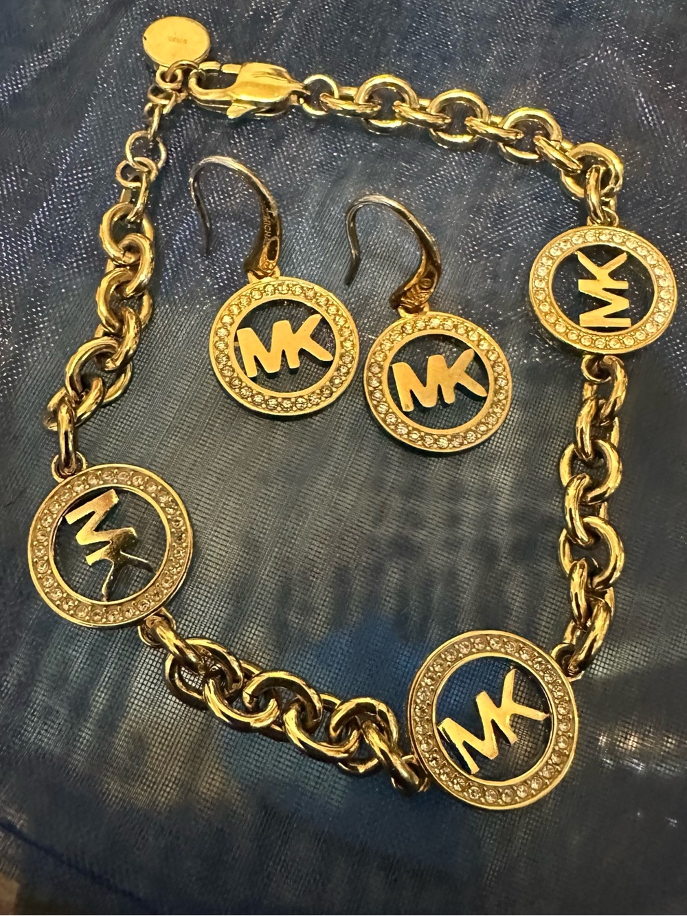 NWOT Michael Kors Gold Logo Medallion Bracelet/earrings with Crystal Accents set